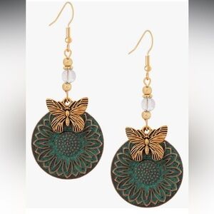Vintage style boho sunflower Gold and Green Butterfly Earrings